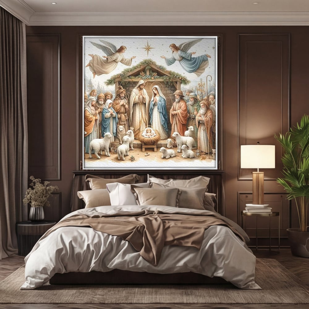 Tablou canvas cu ilustratie religioasa cu scena nasterii domnului, in rama de aluminiu argintiu, pe perete intr-un dormitor